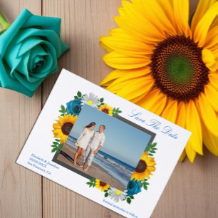 Sunflower Rose Daisy Floral Wedding Save The Date Letterpress Photo Cards