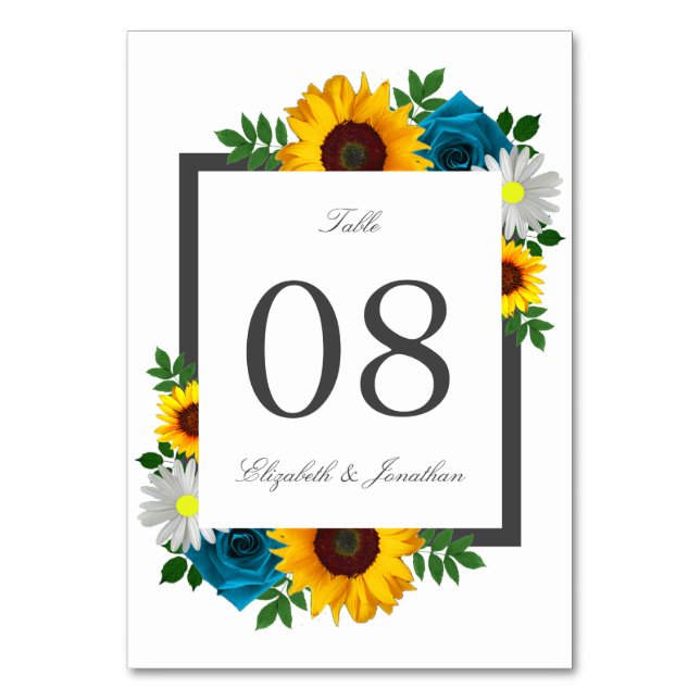 Sunflower Rose Daisy Floral Wedding Table Number (Front)