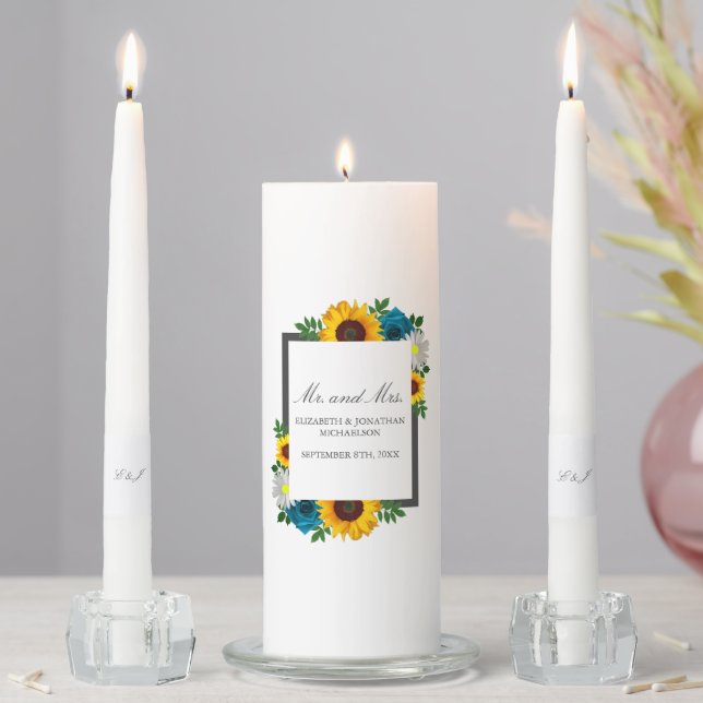 Sunflower Rose Daisy Floral Wedding Unity Candle Set (In Situ)