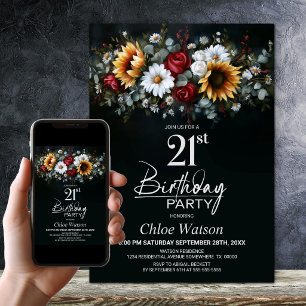 Sunflower Rose Floral Black 21st Birthday Party Invitation