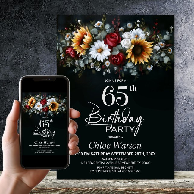 Sunflower Rose Floral Black 65th Birthday Party Invitation (Creator Uploaded)