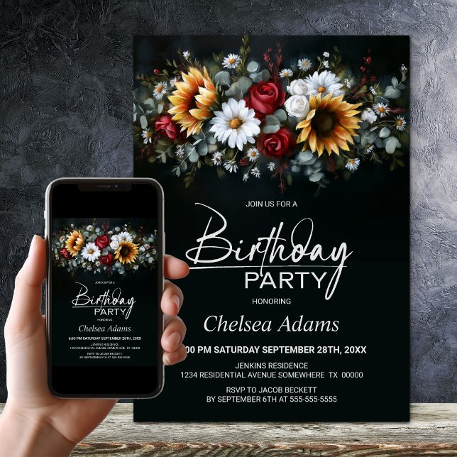Sunflower Rose Floral Black Any Age Birthday Party Invitation (Creator Uploaded)