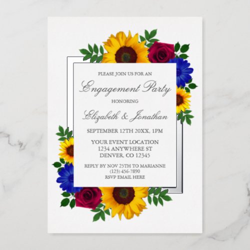 Sunflower Rose Floral Engagement Party Foil Invitation