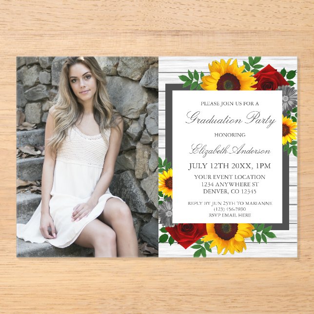 Sunflower Rose Floral Graduation Party Acrylic Invitations (Front)