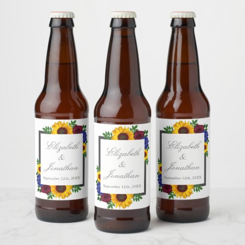 Sunflower Rose Floral Wedding Beer Bottle Label