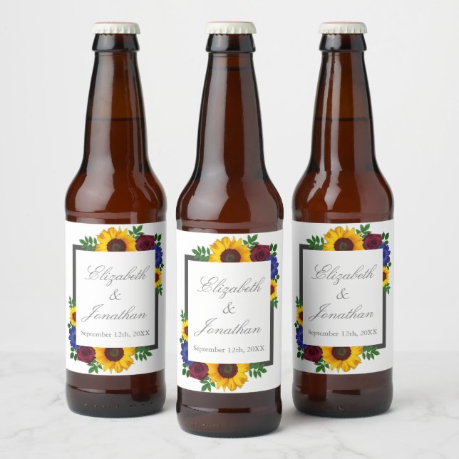 Sunflower Rose Floral Wedding Beer Bottle Label (Bottles)