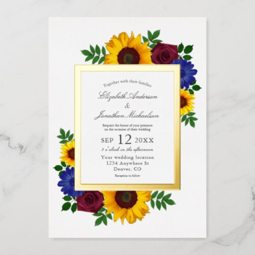 Sunflower Rose Floral Wedding Foil Invitation