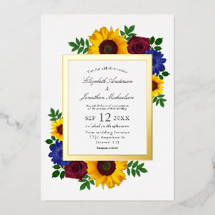 Sunflower Rose Floral Wedding Foil Invitation
