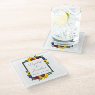 Sunflower Rose Floral Wedding Glass Coaster
