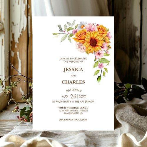 Sunflower Rose Floral Wedding Invitation