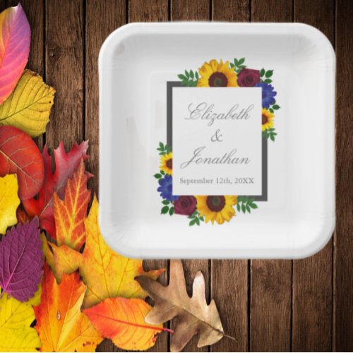 Sunflower Rose Floral Wedding Paper Plates