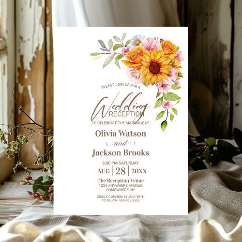 Sunflower Rose Floral Wedding Reception Invitation