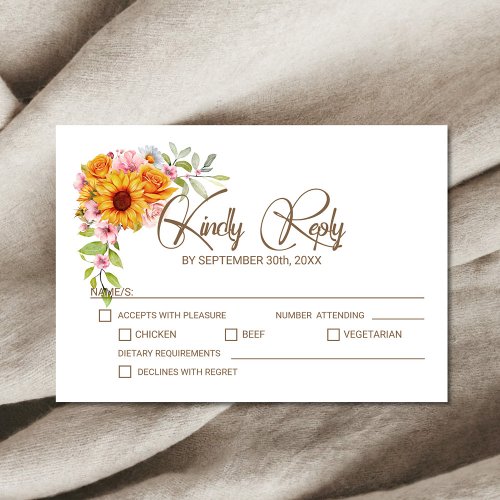 Sunflower Rose Floral Wedding RSVP Card