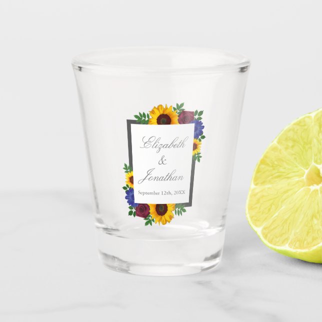 Sunflower Rose Floral Wedding Shot Glass (Front)