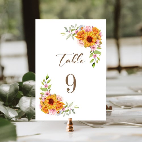 Sunflower Rose Floral Wedding Table Number