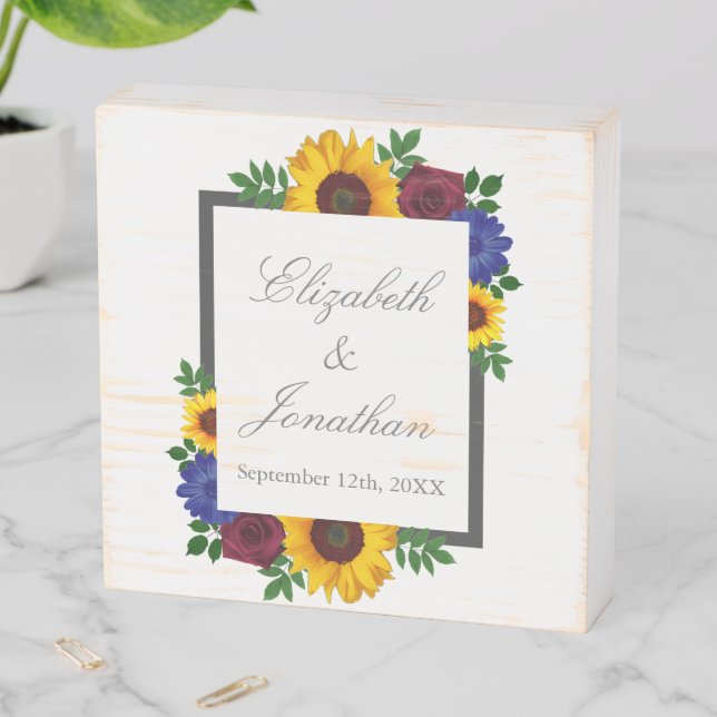 Sunflower Rose Floral Wedding Wooden Box Sign (In Situ Horizontal)