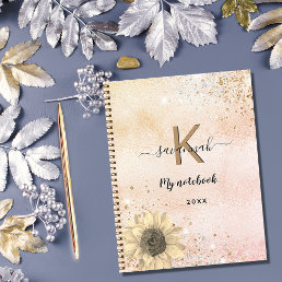 Sunflower rose gold glitter monogram name notebook