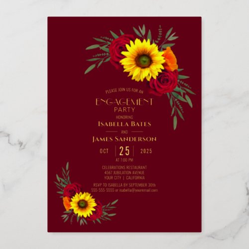 Sunflower Rose Gold Text Burgundy Engagement Party Foil Invitation