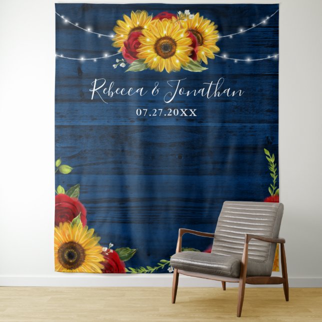 Sunflower Rose Navy Wood Rustic Wedding  Backdrop (In Situ)