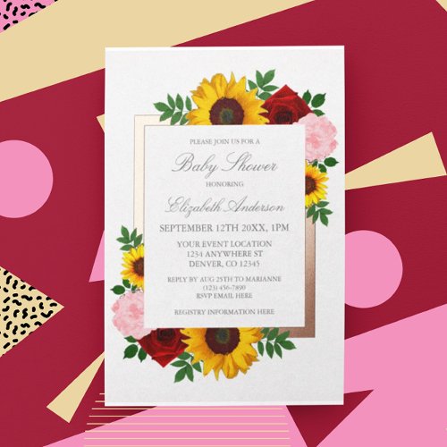 Sunflower Rose Peonies Autumn Floral Baby Shower Foil Invitation