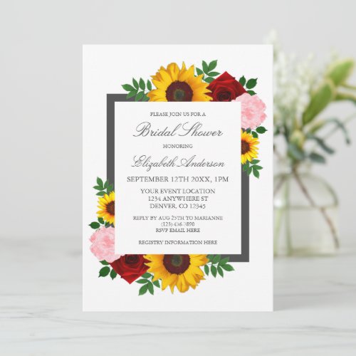 Sunflower Rose Peonies Autumn Floral Bridal Shower Invitation