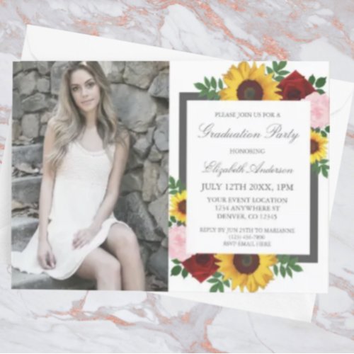 Sunflower Rose Peonies Graduation Party Invitation