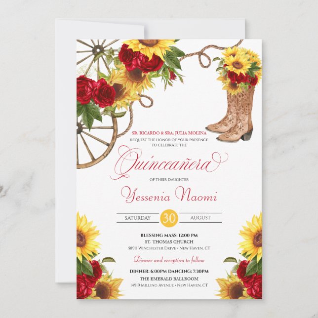 Sunflower Rose Rustic Charra Quinceañera Invitation (Front)
