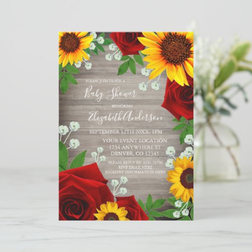 Sunflower Rose Rustic Wood Baby Shower Invitation