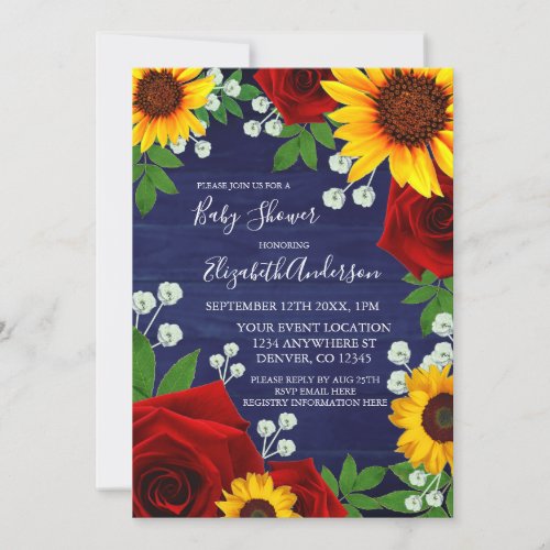 Sunflower Rose Rustic Wood Baby Shower Invitation