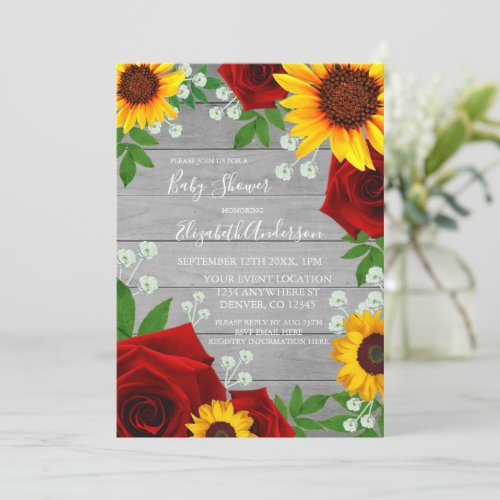 Sunflower Rose Rustic Wood Baby Shower Invitation