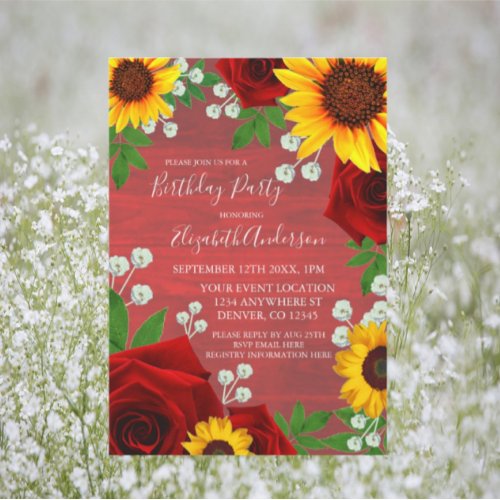 Sunflower Rose Rustic Wood Birthday Invitation