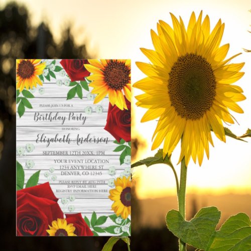 Sunflower Rose Rustic Wood Birthday Invitation
