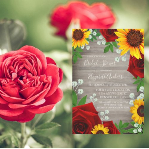 Sunflower Rose Rustic Wood Bridal Shower Invitation