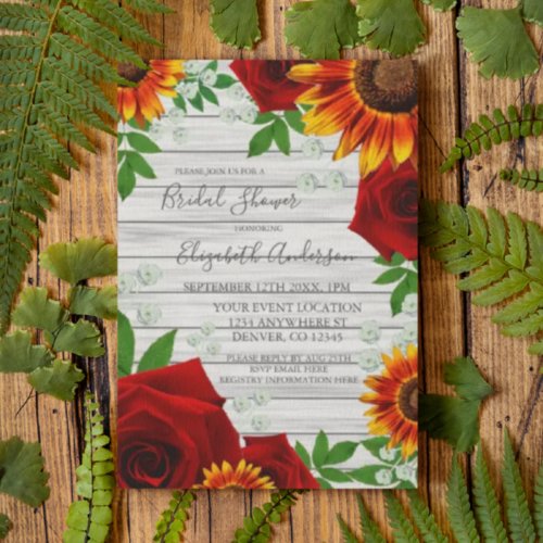 Sunflower Rose Rustic Wood Bridal Shower Invitation