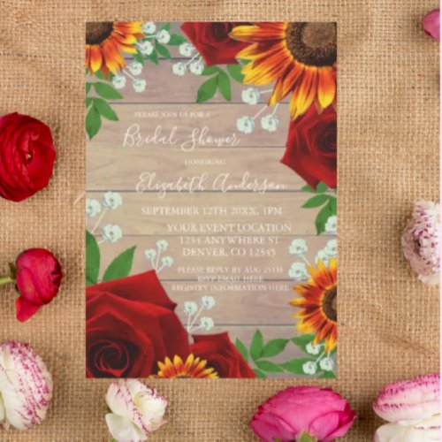 Sunflower Rose Rustic Wood Bridal Shower Invitation