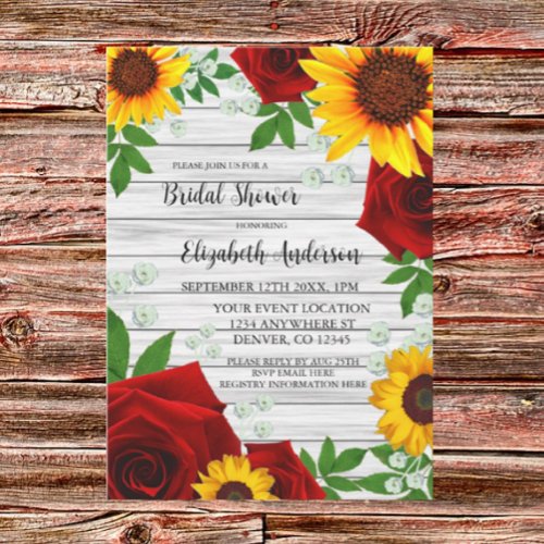 Sunflower Rose Rustic Wood Bridal Shower Invitation