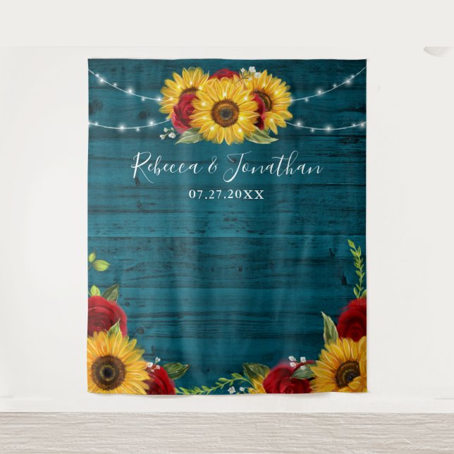 Sunflower Rose Teal Wood Rustic Wedding Backdrop (Front)