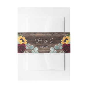 Sunflower Roses Barn Wood Rustic Wedding Invitation Belly Band