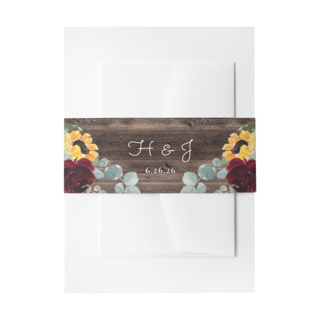 Sunflower Roses Barn Wood Rustic Wedding Invitation Belly Band (Front Example)
