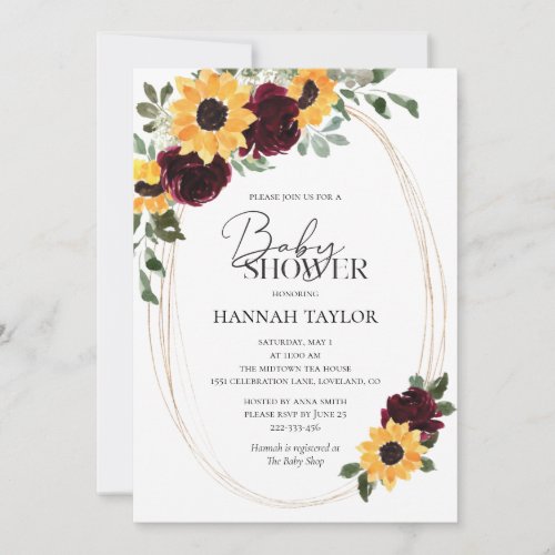 Sunflower Roses Burgundy Floral Baby Shower Invitation