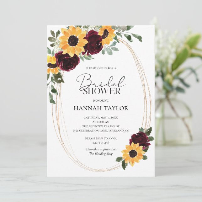 Sunflower Roses Burgundy Floral Bridal Shower Invitation (Standing Front)