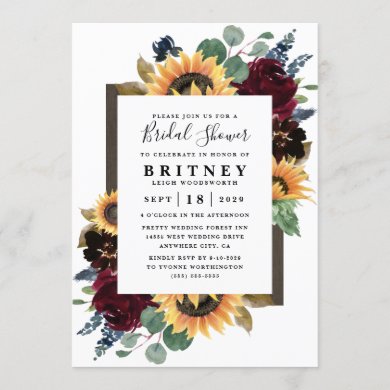 Sunflower Roses Burgundy Navy Blue Bridal Shower Invitation
