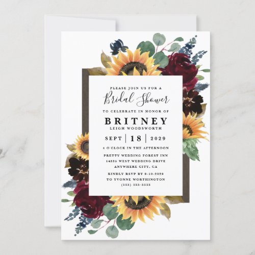Sunflower Roses Burgundy Navy Blue Bridal Shower Invitation - Design features elegant watercolor roses, peonies, wildflowers and sunflowers in various shades of burgundy red, navy blue and more over a wreath of eucalyptus greenery. Design also features a barn wood frame underneath the wreath. A unique font layout compliments the overall design. You can change the background color on the front and back to the color of your choice or leave both set to white. View the collection on this page to find matching wedding stationery products.