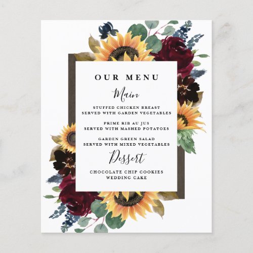 Sunflower Roses Burgundy Navy Blue Wedding Menu - Design features elegant watercolor roses, peonies, wildflowers and sunflowers in various shades of burgundy red, navy blue and more over a wreath of eucalyptus greenery. Design also features a barn wood frame underneath the wreath. A unique font layout compliments the overall design. You can change the background color on the front and back to the color of your choice or leave both set to white. View the collection on this page to find matching wedding stationery products.