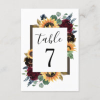 Sunflower Roses Burgundy Navy Wedding Table Number