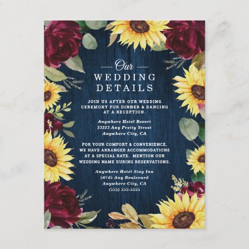 Sunflower Roses Burgundy Red and Navy Blue Wedding Enclosure Card