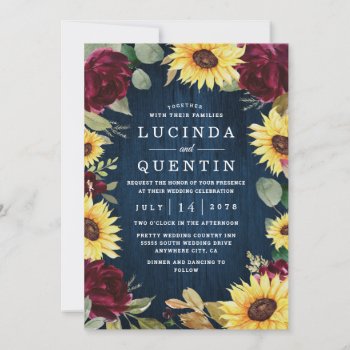 Sunflower Roses Burgundy Red And Navy Blue Wedding Invitation by RusticWeddings at Zazzle