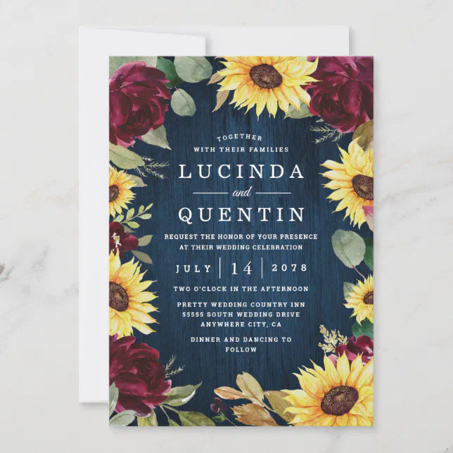 Sunflower Roses Burgundy Red And Navy Blue Wedding Invitation 