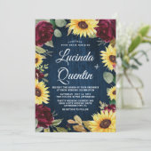 Sunflower Roses Burgundy Red and Navy Blue Wedding Invitation (Standing Front)