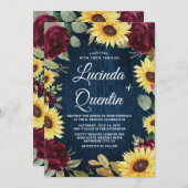 Sunflower Roses Burgundy Red and Navy Blue Wedding Invitation (Front/Back)